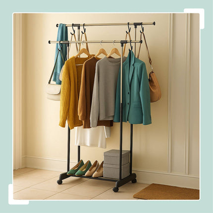 Adjustable Clothes Rack with Wheels – 2 Rails