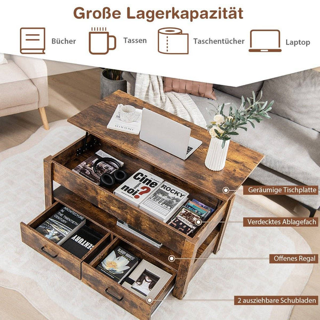 Adjustable Coffee Table with Drawers, Wood, 106x50x48 cm, Brown