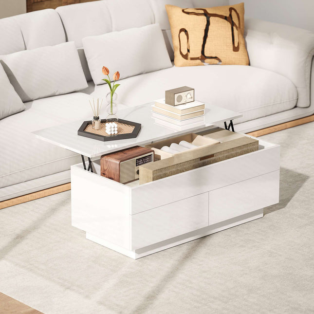 Adjustable Coffee Table with Storage, High Gloss White