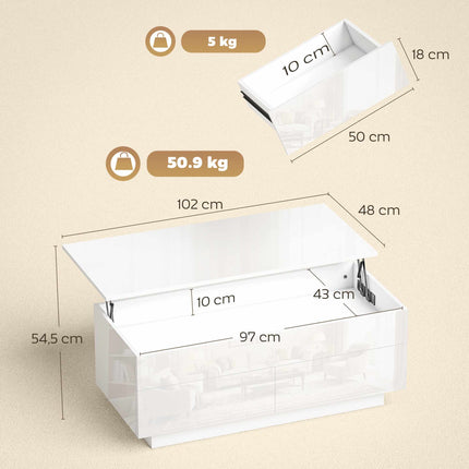 Adjustable Coffee Table with Storage, High Gloss White