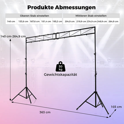 Adjustable DJ Light Stand with Crossbar, 140–265 cm Height
