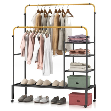 Adjustable Double Rail Clothes Rack on Wheels, Gold, 135x54x170cm