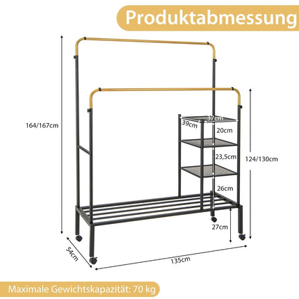 Adjustable Double Rail Clothes Rack on Wheels, Gold, 135x54x170cm