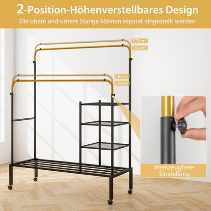Adjustable Double Rail Clothes Rack on Wheels, Gold, 135x54x170cm