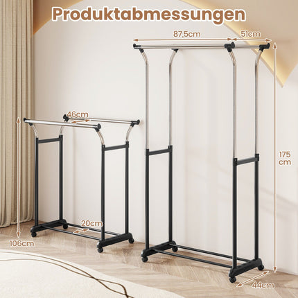Adjustable Double Rail Clothes Rack with Wheels, Black