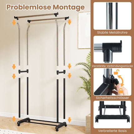 Adjustable Double Rail Clothes Rack with Wheels, Black