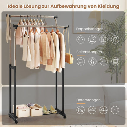 Adjustable Double Rail Clothes Rack with Wheels, Black