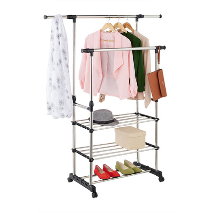 Adjustable Double Rod Clothes Rack with Shelf