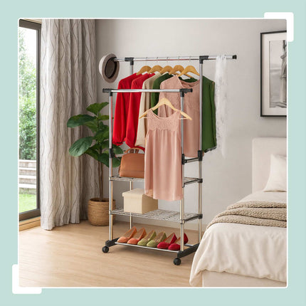 Adjustable Double Rod Clothes Rack with Shelf