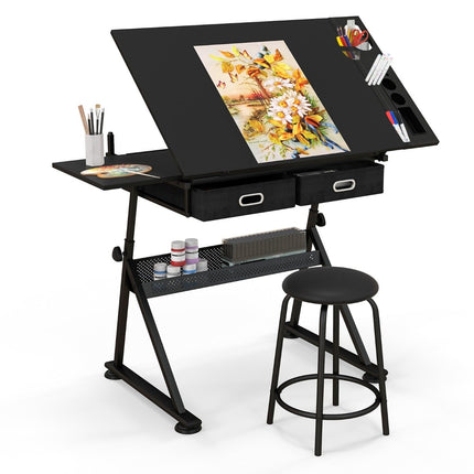 Adjustable Drawing Table with Stool, Tilt Top, 2 Drawers