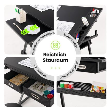 Adjustable Drawing Table with Stool, Tilt Top, 2 Drawers
