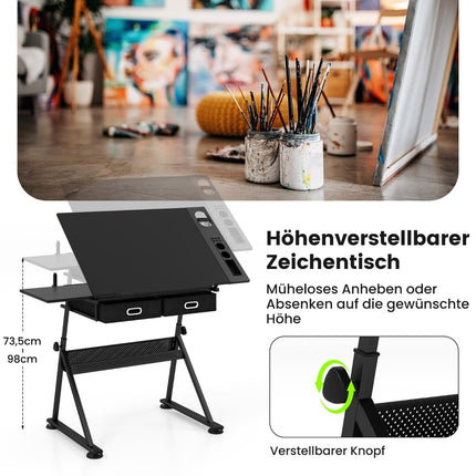 Adjustable Drawing Table with Stool, Tilt Top, 2 Drawers