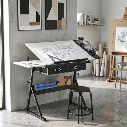 Adjustable Drawing Table with Stool and Storage, White