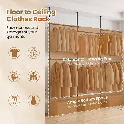 Adjustable Floor-to-Ceiling Clothes Rack, Black, 6 Rods
