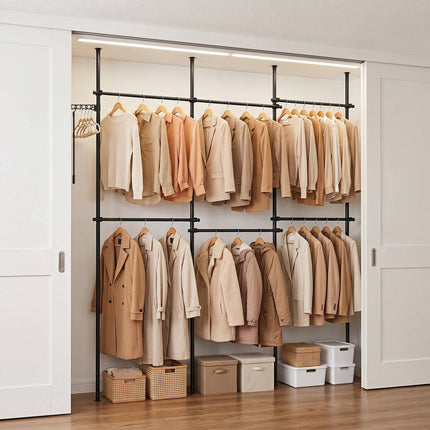 Adjustable Floor-to-Ceiling Clothes Rack, Black, 6 Rods
