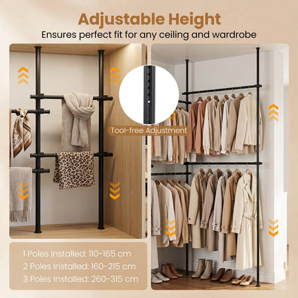 Adjustable Floor-to-Ceiling Clothes Rack, Black, 6 Rods