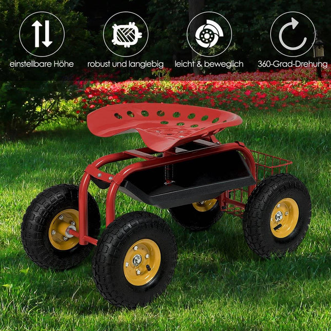Adjustable Garden Seat with Wheels, 360° Swivel, Red