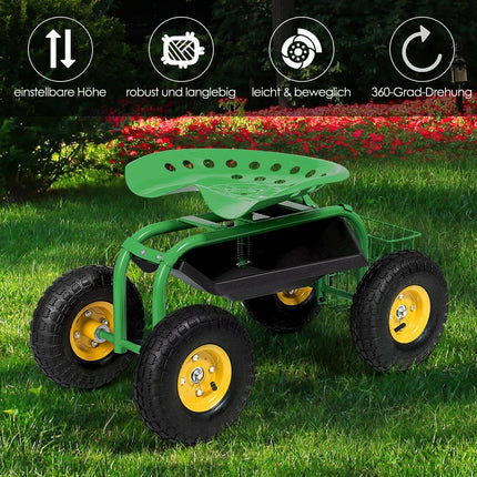 Adjustable Garden Seat with Wheels, 360° Swivel, Storage Basket