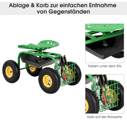 Adjustable Garden Seat with Wheels, 360° Swivel, Storage Basket