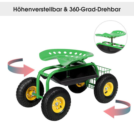 Adjustable Garden Seat with Wheels, 360° Swivel, Storage Basket