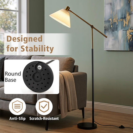 Adjustable Gold Floor Lamp with Fabric Shade, 157 cm