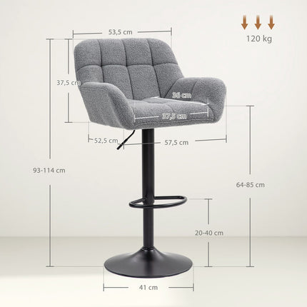 Adjustable Grey Bar Stools, Set of 2, 360° Swivel