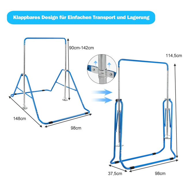Adjustable Gymnastics Bar, Foldable, 90-130 cm, Blue