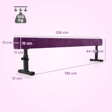 Adjustable Gymnastics Beam, 226 cm, 3 Heights, Purple