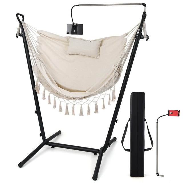 Adjustable Hanging Chair with Stand, Beige, 250kg Capacity
