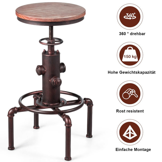 Adjustable Height Bar Stool, Pine Wood & Iron, 59.5-75 cm