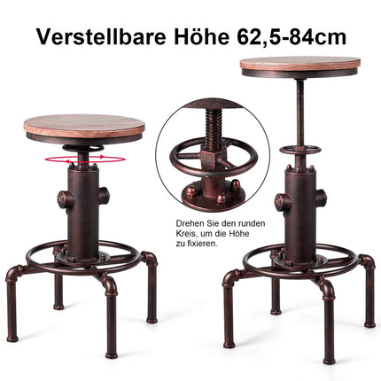Adjustable Height Bar Stool, Pine Wood & Iron, 59.5-75 cm