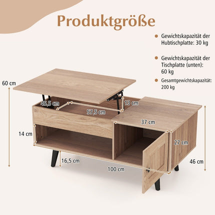 Adjustable Height Coffee Table with Hidden Storage, 100x50 cm
