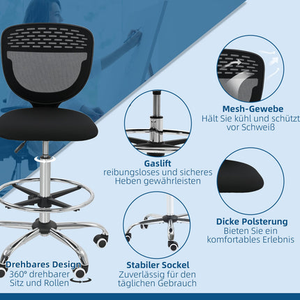 Adjustable Height Office Chair – Black, Padded, No Arms