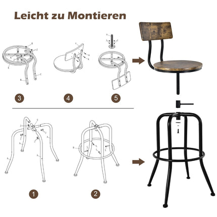 Adjustable Industrial Bar Stools, Swivel, Set of 2, Brown
