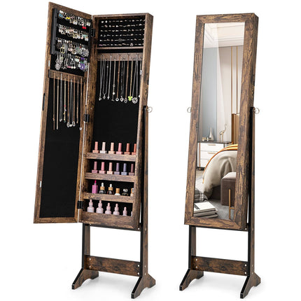 Adjustable Jewelry Cabinet with Full-Length Mirror, Brown