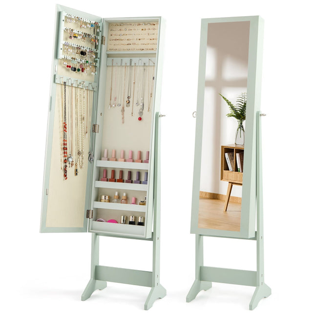 Adjustable Jewelry Cabinet with Full-Length Mirror, Green