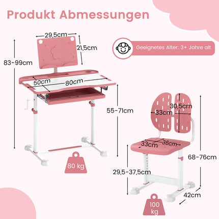 Adjustable Kids Desk and Chair Set with Tilt Top, Pink