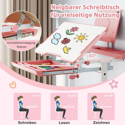 Adjustable Kids Desk and Chair Set with Tilt Top, Pink