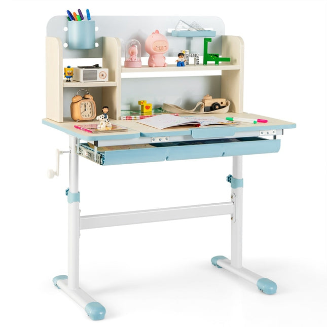 Adjustable Kids Desk with Tilt Top, Shelves, Drawer – Blue
