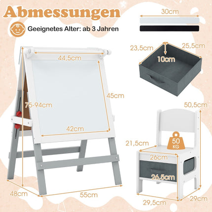 Adjustable Kids Easel with Chalkboard & Whiteboard, Grey
