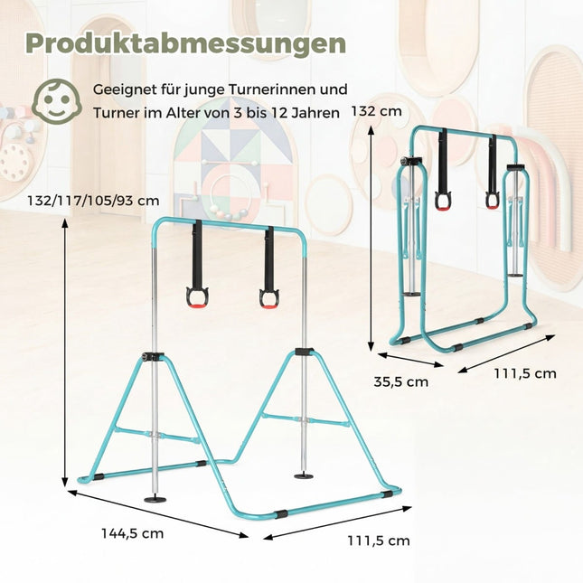 Adjustable Kids Gymnastics Bar, Metal Frame, Mint Green
