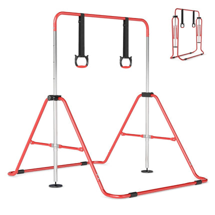 Adjustable Kids Gymnastics Bar with Rings, Foldable, Red