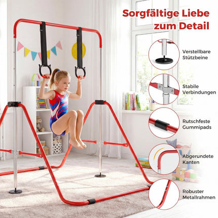 Adjustable Kids Gymnastics Bar with Rings, Foldable, Red