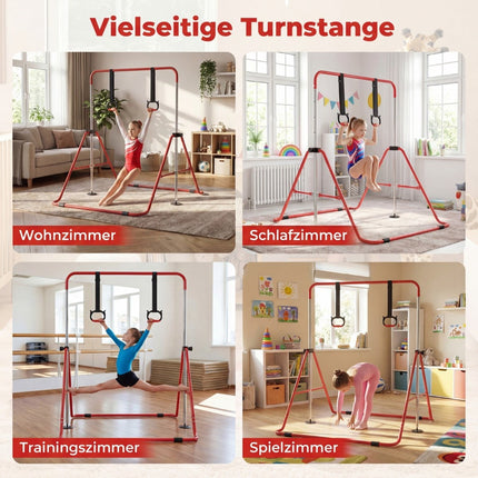 Adjustable Kids Gymnastics Bar with Rings, Foldable, Red