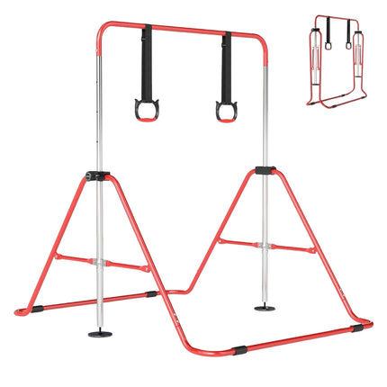 Adjustable Kids Gymnastics Bar with Rings, Foldable, Red