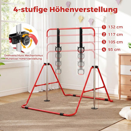 Adjustable Kids Gymnastics Bar with Rings, Foldable, Red