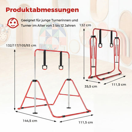 Adjustable Kids Gymnastics Bar with Rings, Foldable, Red