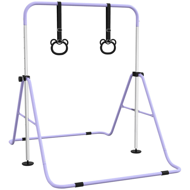 Adjustable Kids Gymnastics Bar with Rings, Foldable Steel Frame