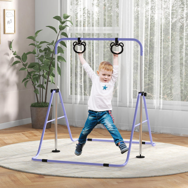 Adjustable Kids Gymnastics Bar with Rings, Foldable Steel Frame