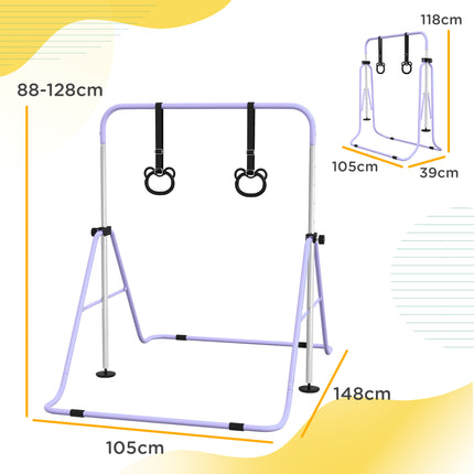 Adjustable Kids Gymnastics Bar with Rings, Foldable Steel Frame